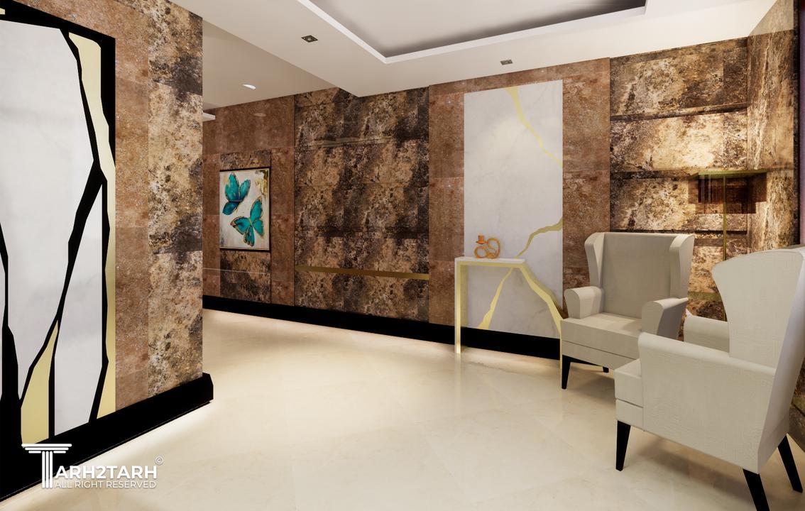 طراحی داخلی لابی ساختمان مسکونی- طراحی میز ریسپشن- کنسول- پنل سنگی معرق