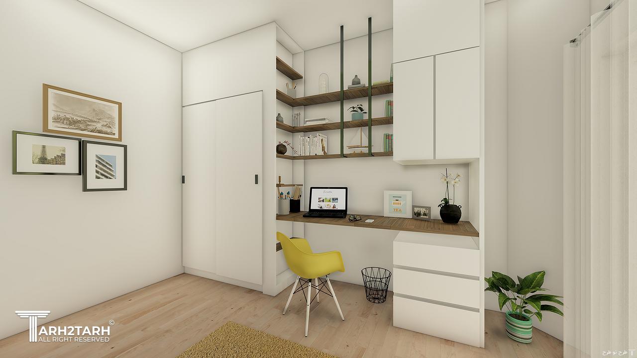 اتاق کار،میز و کمد ریلی طراحی شده از ام دی اف.کف ها لمینت و دیوارها و سقف رنگ در نظر گرفته شده است.