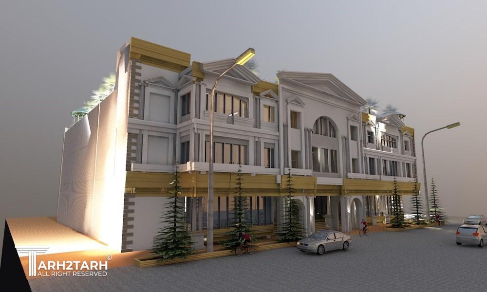 طراحی نما با سبک کلاسیک پروژه مرکز تجاری در قزوین