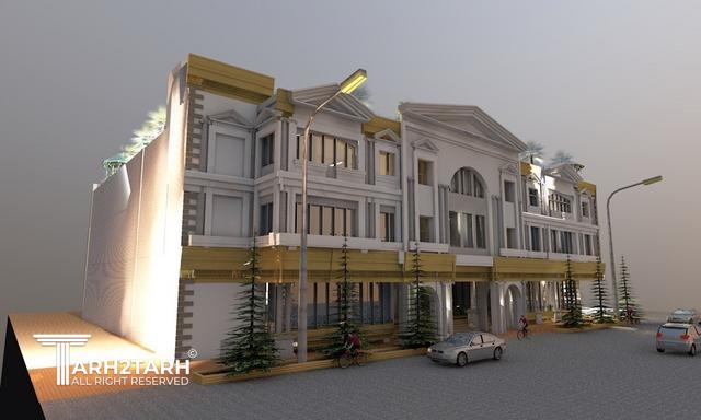 طراحی نما با سبک کلاسیک پروژه مرکز تجاری در قزوین