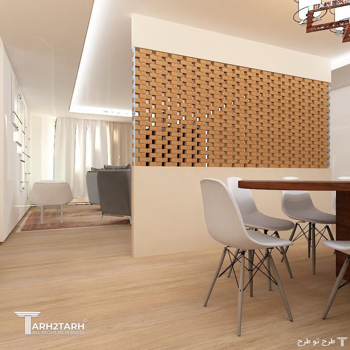 استفاده از پارتیشن آجر نسوز جداکننده که دو قسمت پذیرایی و ناهار خوری را از یکدیگر جدا میکند