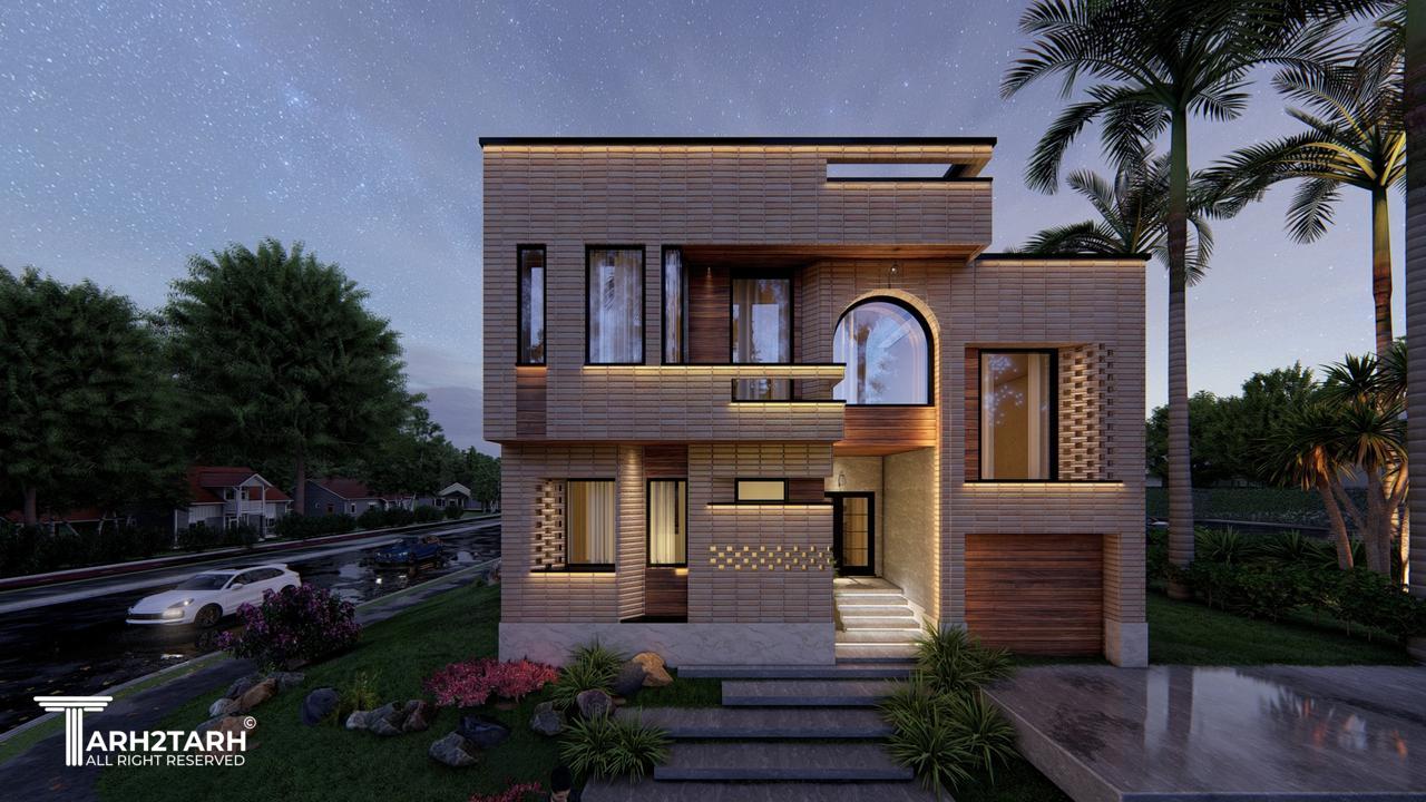 نمای رو به کوجه رندر شب ویلای مجتهدی