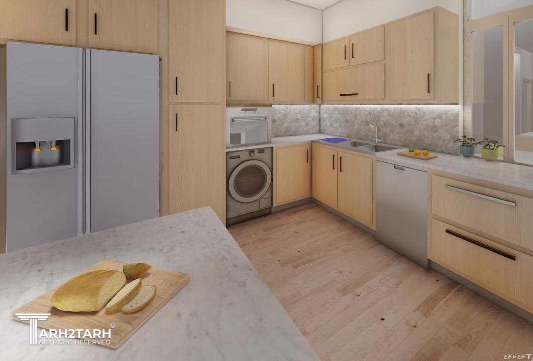 متریال کابینت ها هایگلاس،پیشخوان کوارتز و کف لمینت در نظر گرفته شده است.