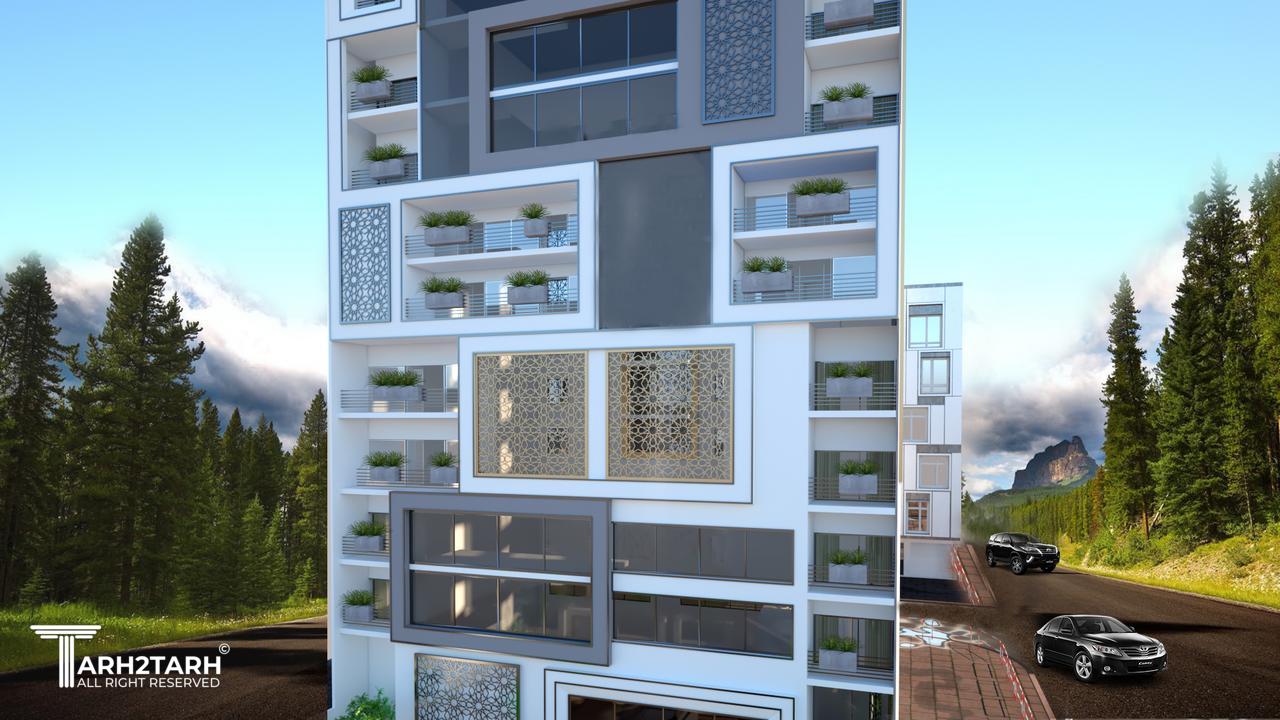 نمای جنوبی به سمت پارک که با استفاده از پنجره ها و تراس های بزرگ ویوی عالی گرفته.