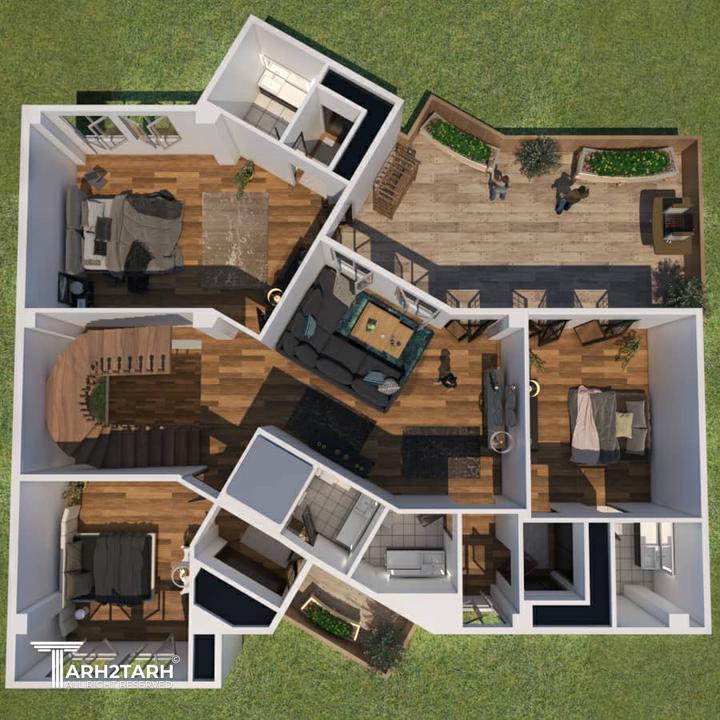 پلان طبقه دوم شامل نشیمن ،سه خواب مستر و تراس مشرف به باغ