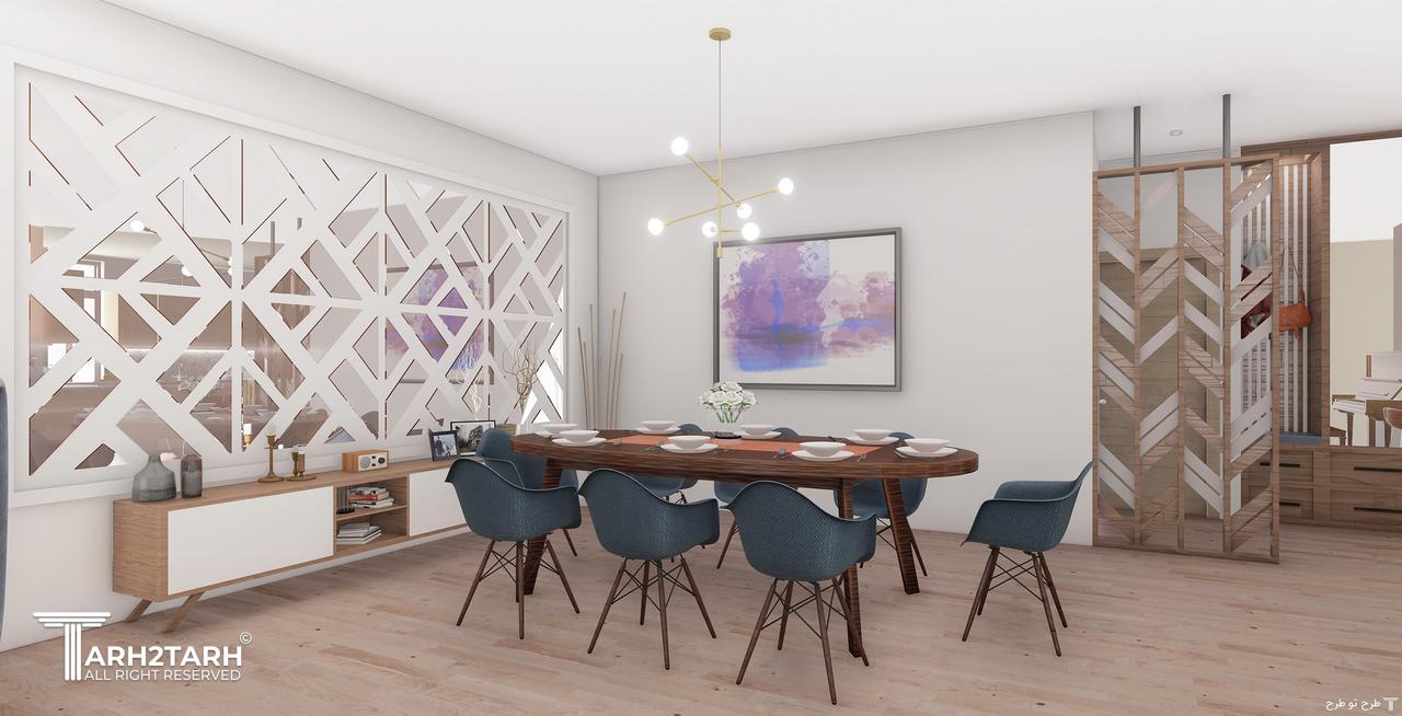 آلترناتیو 1 برای ناهارخوری و پارتیشن:دور آینه گچ کاری،و پارتیشن چوبی و شیشه مات یا آینه در نظر گرفته شده است.