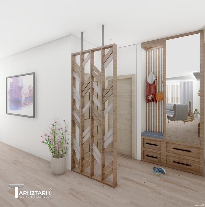 ورودی و جاکفشی:متریال جاکفشی ام دی اف و پارتیشن چوبی با 2 طیف رنگی در نظر گرفته شده است.