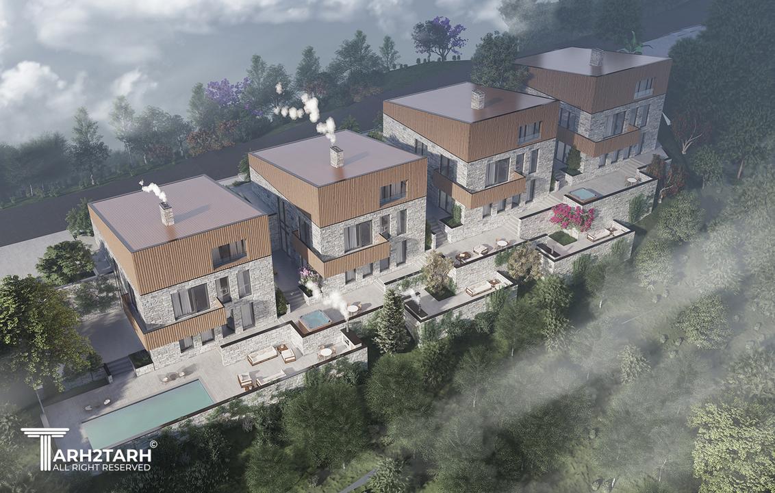 رندر نمای خارجی از مجموعه ویلا