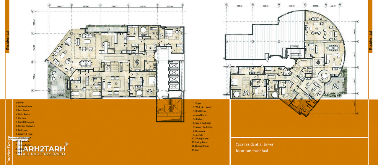 طراحی پلان های طبقات  برج مسکونی یاس مشهد 