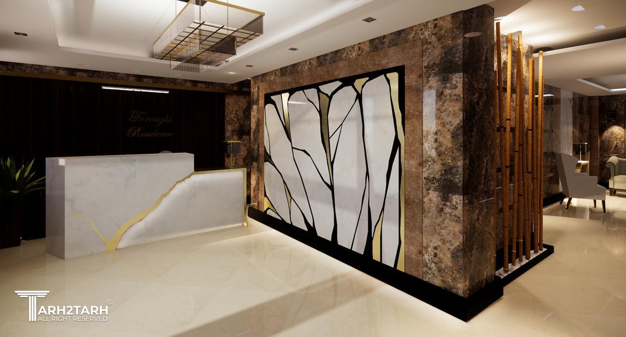 طراحی داخلی لابی ساختمان مسکونی- طراحی میز ریسپشن- کنسول- پنل سنگی معرق