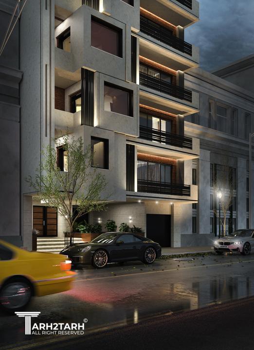 طراحی نمای مجتمع آرون تلفیقی از سنگ و متریال آجر به سبک مدرن