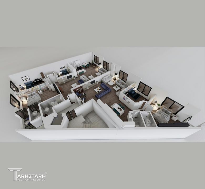 پلان سه بعدی طبقات 2 واحدی برای نشان دادن تفکیک فضاها