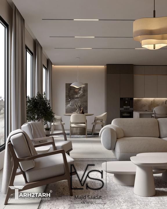 طراحی پروژه مسکونی شامل فضای آشپزخانه ، نشیمن و تی وی