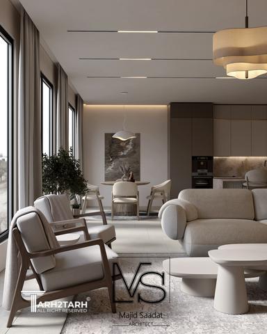 طراحی پروژه مسکونی شامل فضای آشپزخانه ، نشیمن و تی وی