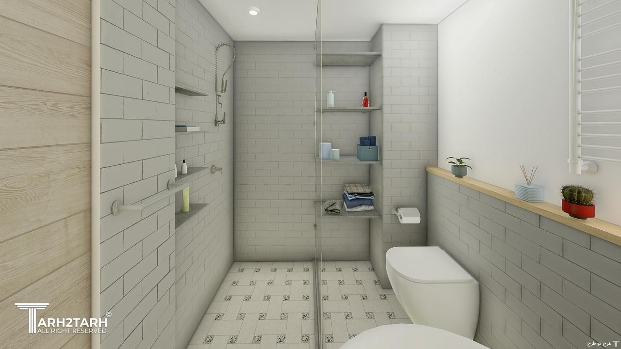 دیوارها و کف کاشی و دکورها از 2 رنگ هایگلاس استفاده شده است.