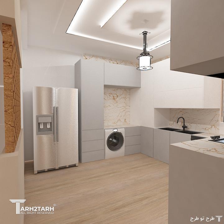 در قسمت ورودی 2 پارتیشن گچی آجری قرار گرفته که دیوار آشپزخانه و درب سرویس بهداشتی را محصور میکند 