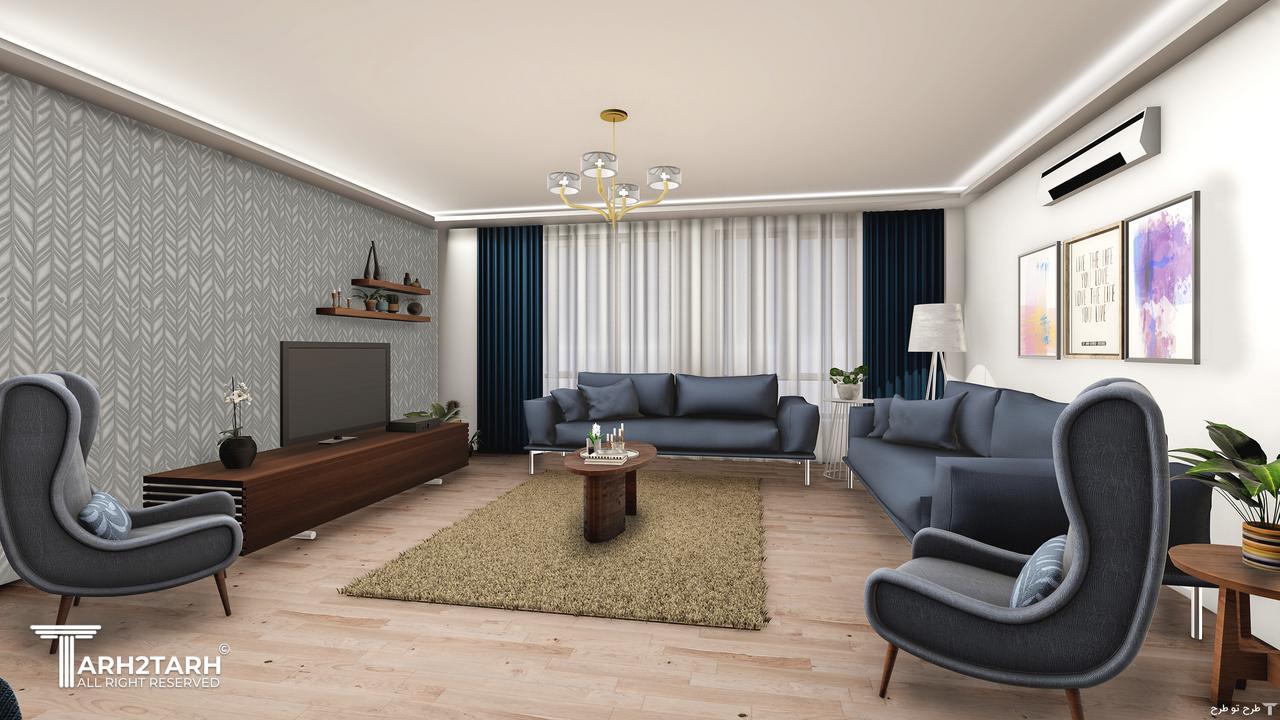 دیوار پشت تلویزیون کاغذ دیواری،کف لمینت،دیوارها و سقف رنگ اکرلیک یا روغنی در نظر گرفته شده است. و دکورهای دیواری هم ام دی اف در نظر گرفته شده،سقف کاذب هم کناف در نظر گرفته شده است.(رنگ تمامی فضاها به انتخاب کارفرما می تواند روغنی یا اکرلیک باشد تفاوت