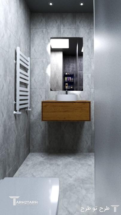 سرویس اتاق ها که بصورت مدرن طراحی شده و سرامیک دیوار طرح سیمان و کف و دیواره ها کلکته و روشن تر می باشد