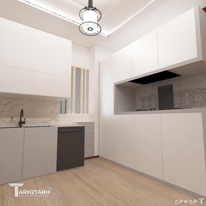 آشپزخانه از جنس هایگلاس طوسی سفید و سنگ 