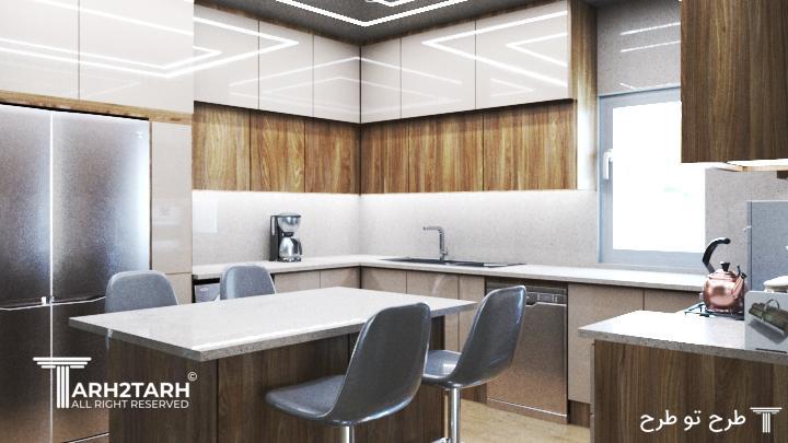 اشپزخانه بصورت مدرن و بسیار جادار با استفاده از کابینت پله ای که تا سقف امتداد دارد و کشوهایی به تعداد و اندازه مناسب.هود مخفی میباشد.جزیره ابعاد مناسب برای استفاده اسان و در دسترس قرار داده شده