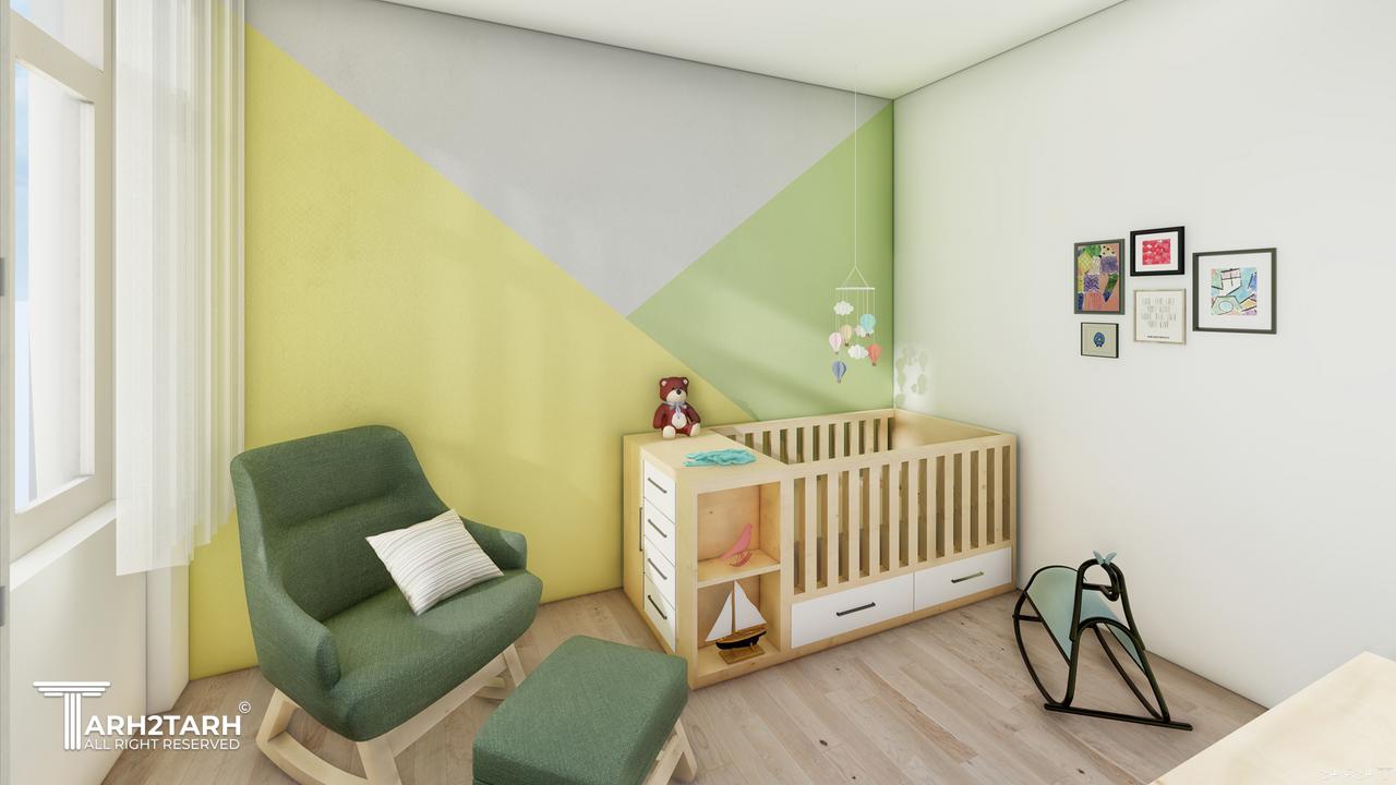 رنگ آمیزی اتاق کودک:رنگ اکرلیک در نظر گرفته شده است،کف لمینت.