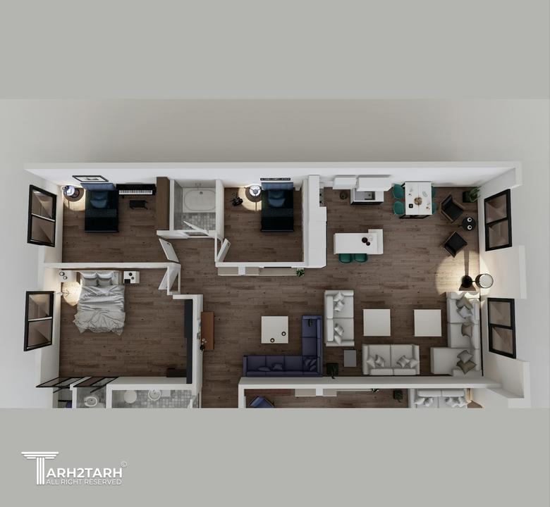 پلان سه بعدی طبقات 2 واحدی برای نشان دادن تفکیک فضاها