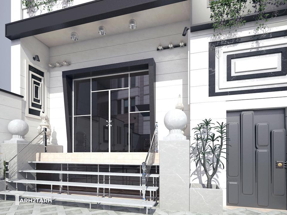 نمای ورودی لابی اصلی با اختلاف ارتفاع 120 سانتی متر از کف حیاط