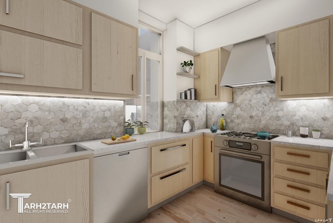 متریال کابینت ها هایگلاس،پیشخوان کوارتز و کف لمینت در نظر گرفته شده است.