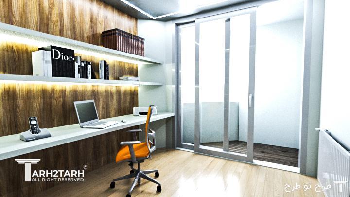اتاق کار بصورتی چینش و طراحی شده که بهترین استفاده از فضا صورت بگیرد.کمد دیواری ریلی بزرگ و میز تحریر و کار وسیع با قفسه بندی که فضای مفید اتاق رو بیشتر و دل باز تر جلوه میکند