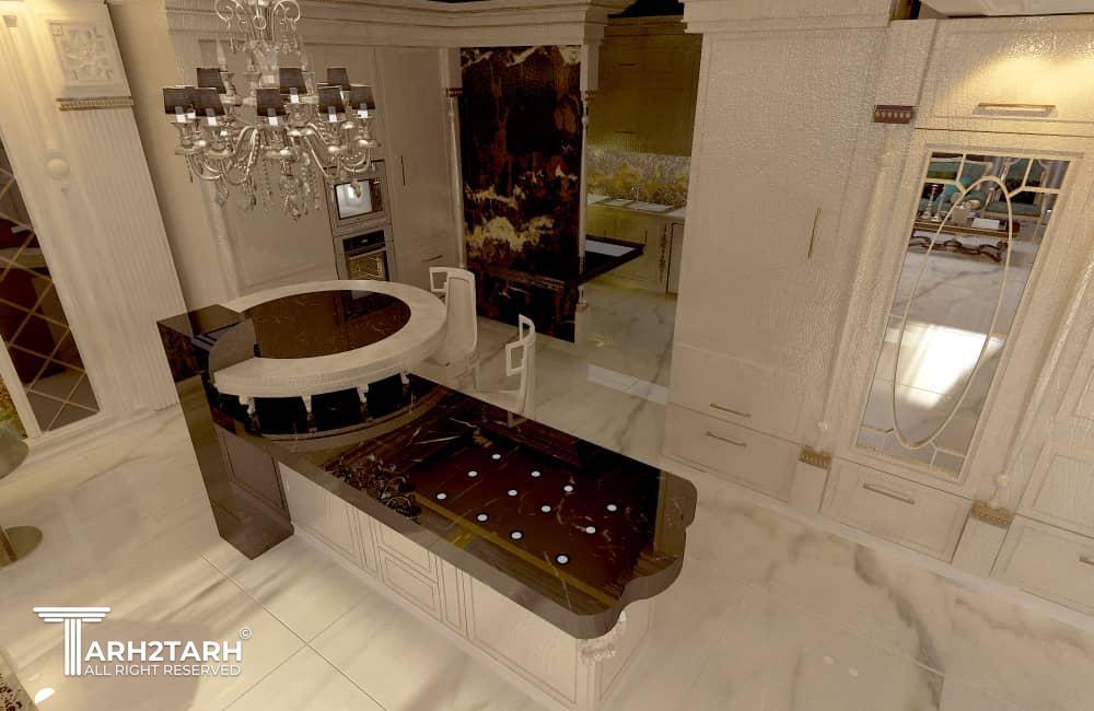 طراحی کلاسیک آشپزخانه که در این قسمت میز جزیزه  با صفحه گرد به عنوان میز بار ترکیب شده