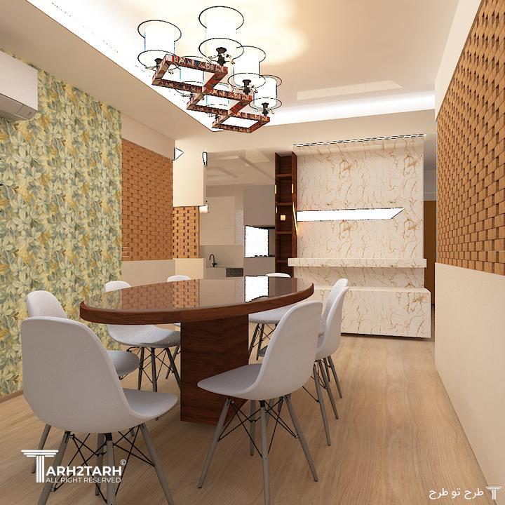 در این قسمت برای اوپن در دیوار روبرو یک میز و صندلی پیوسته از جنس سنگ و چوب در نظر گرفته شده 